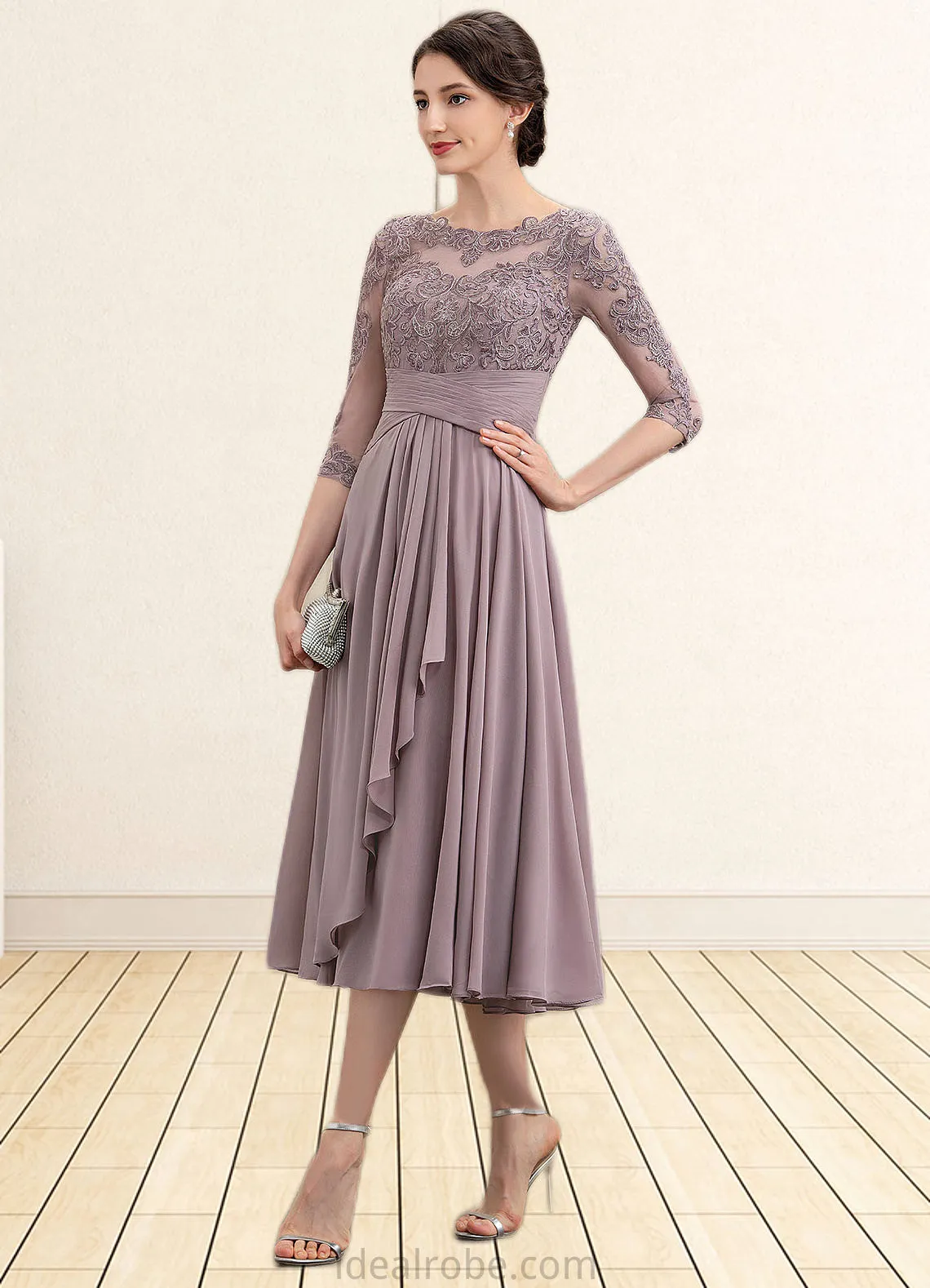 Scarlett A-Line Scoop Neck Tea-Length Chiffon Lace Mother of the Bride Dress With Cascading Ruffles STK126P0014780