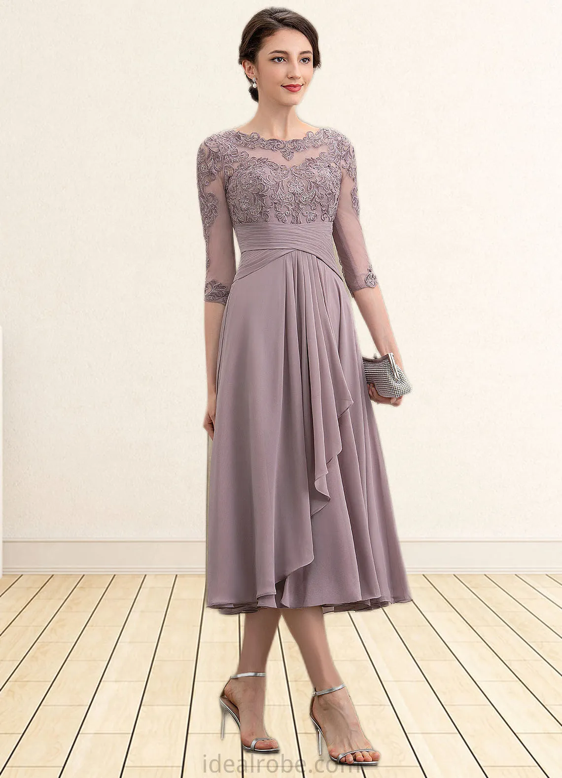 Scarlett A-Line Scoop Neck Tea-Length Chiffon Lace Mother of the Bride Dress With Cascading Ruffles STK126P0014780