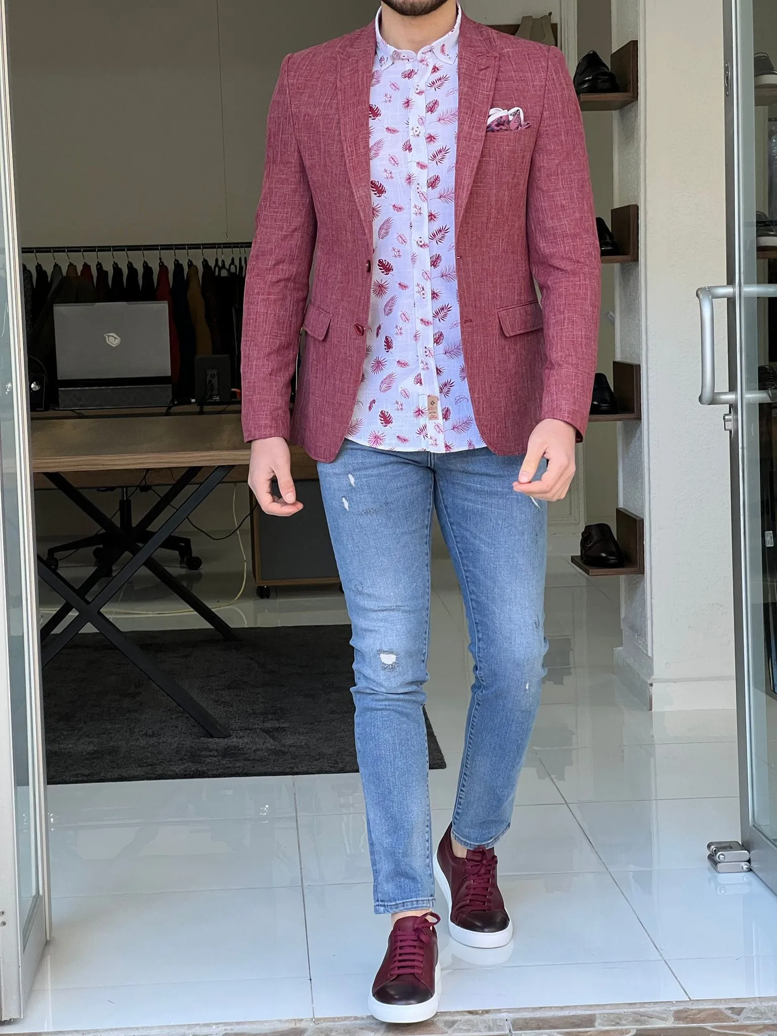 Slim Fit Self-Patterned Red Cotton Jacket