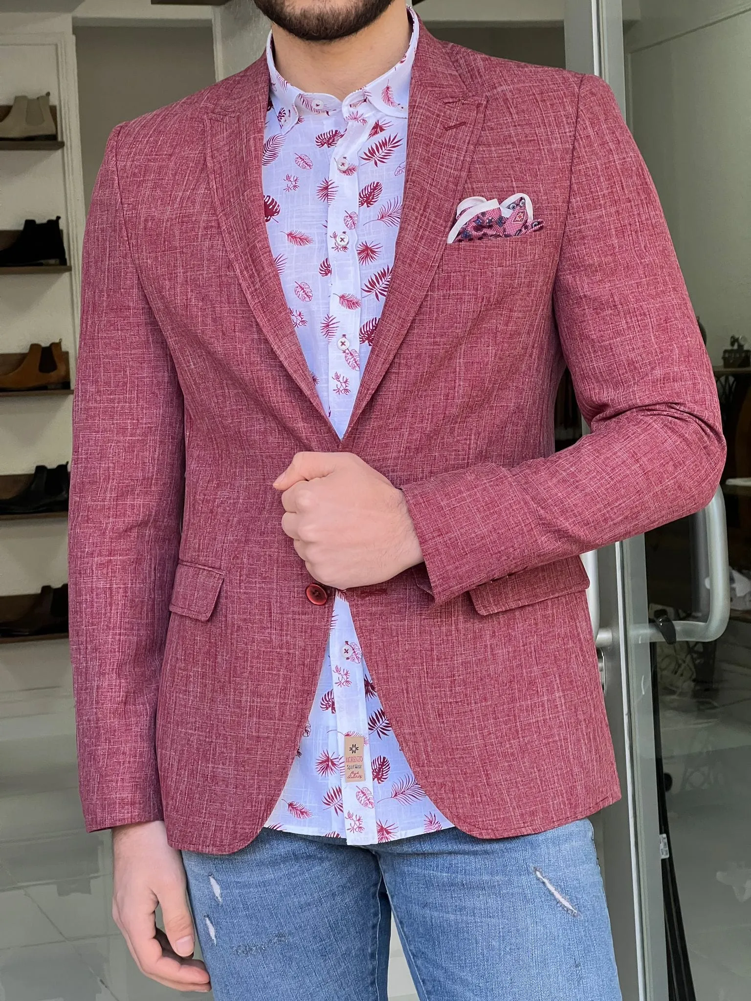 Slim Fit Self-Patterned Red Cotton Jacket