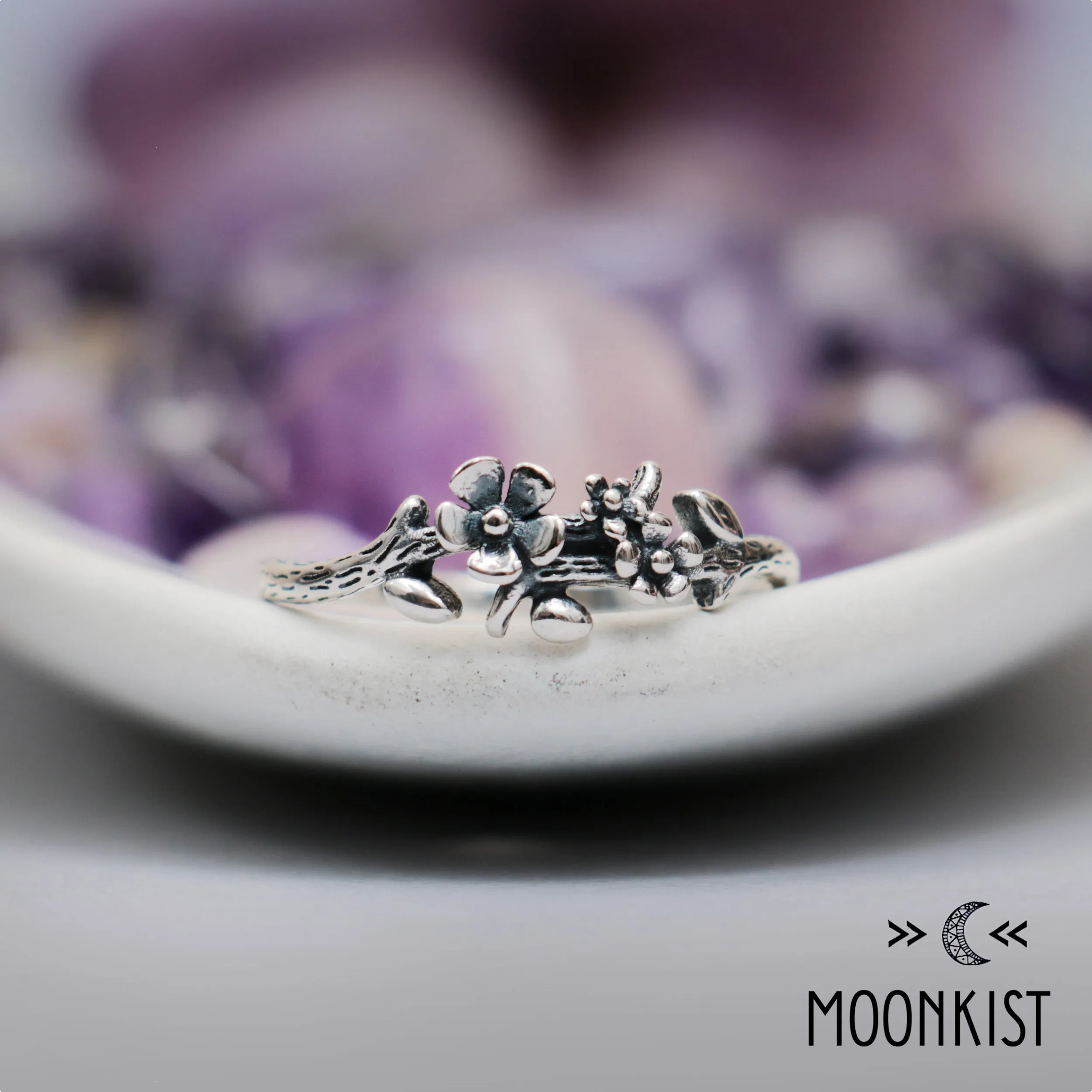 Sterling Silver Textured Flower and Vine Ring | Moonkist Designs