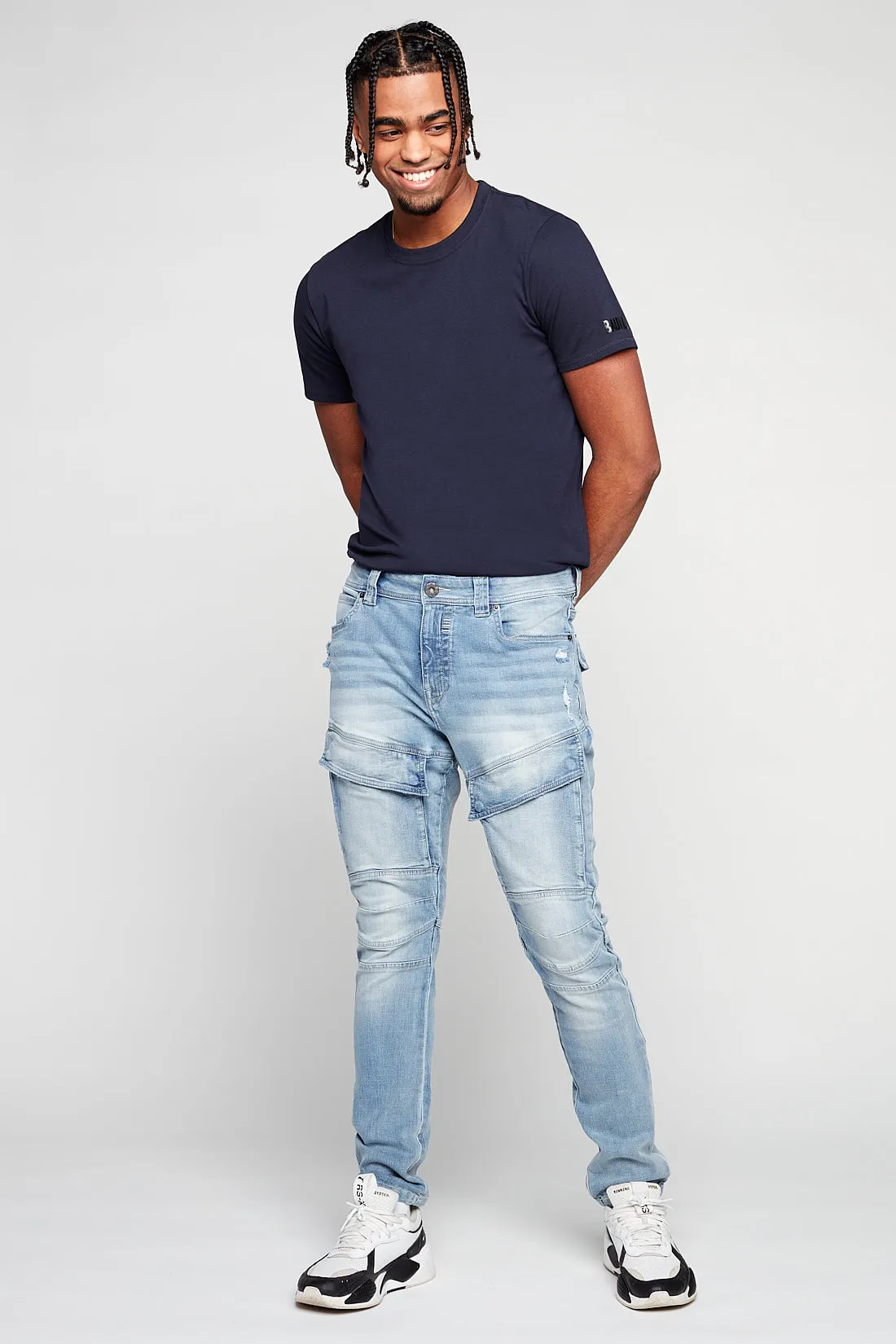 Straight Fit Cargo Jeans - Blue Bleach