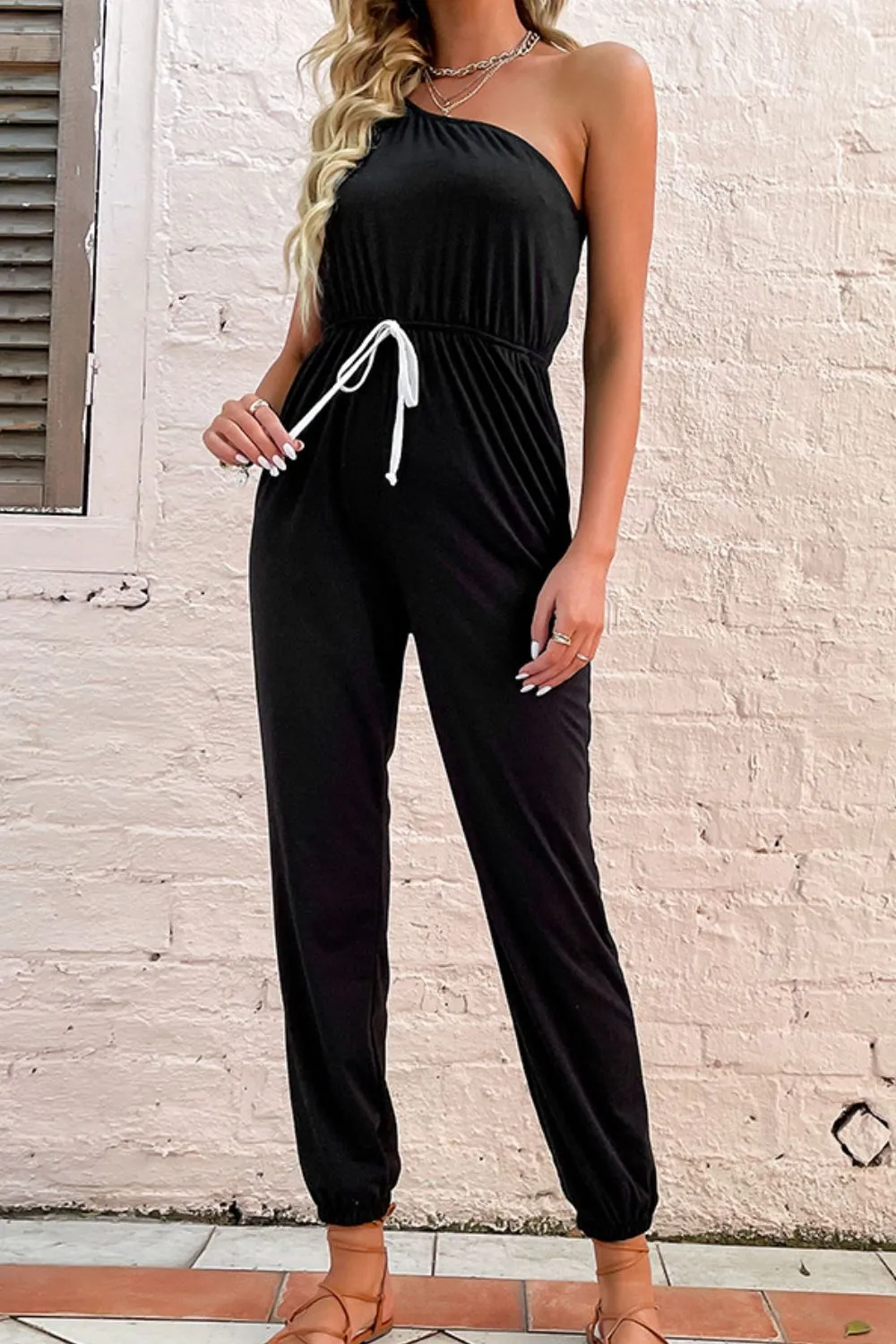 Sunset and Swim One-Shoulder Drawstring Waist Jogger Jumpsuit