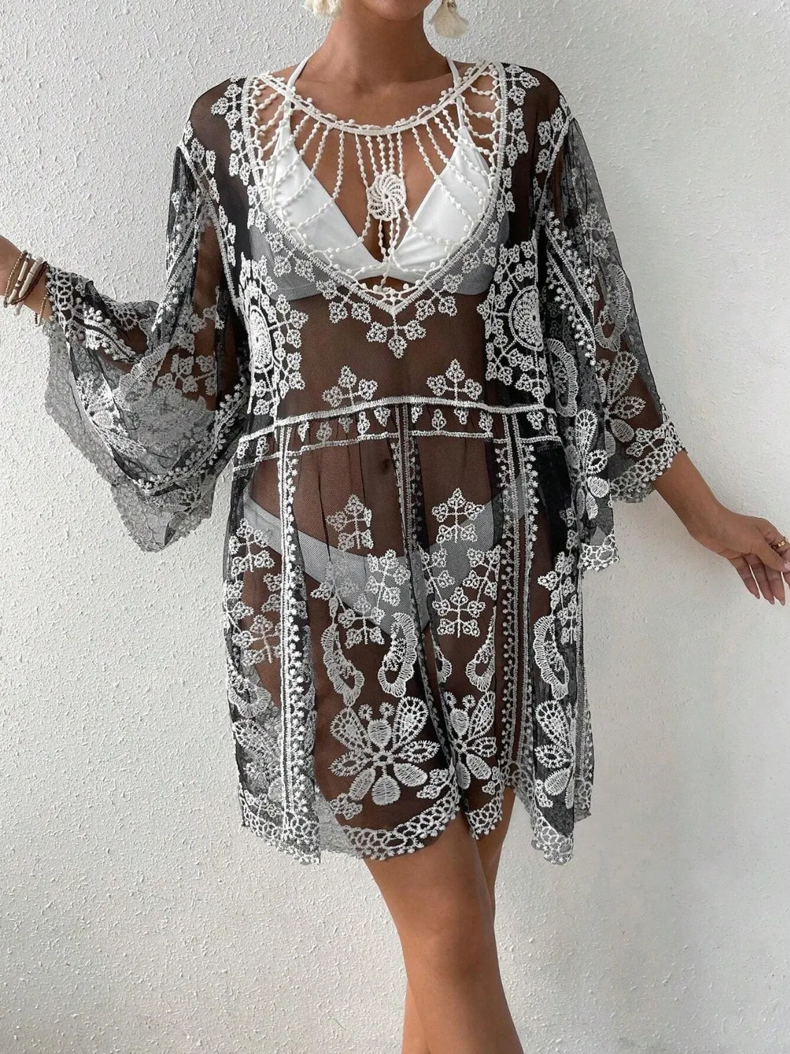 Sunset Vacation  Lace Round Neck Beach Cover Up