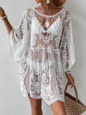 Sunset Vacation  Lace Round Neck Beach Cover Up