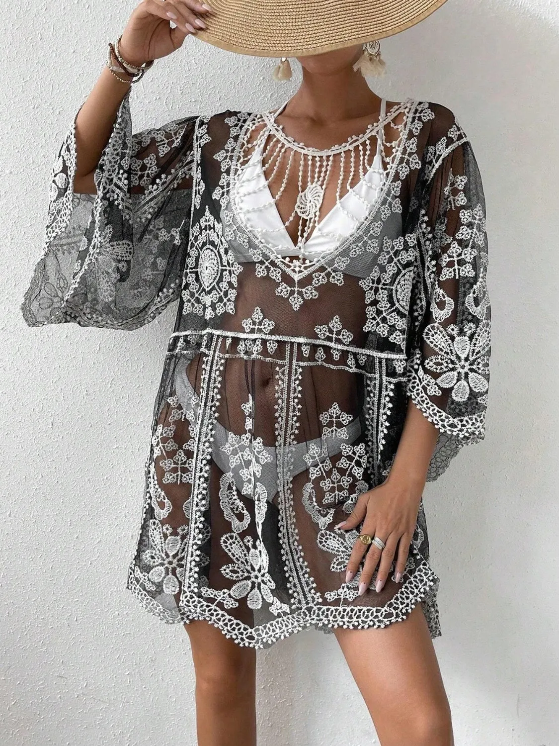 Sunset Vacation  Lace Round Neck Beach Cover Up