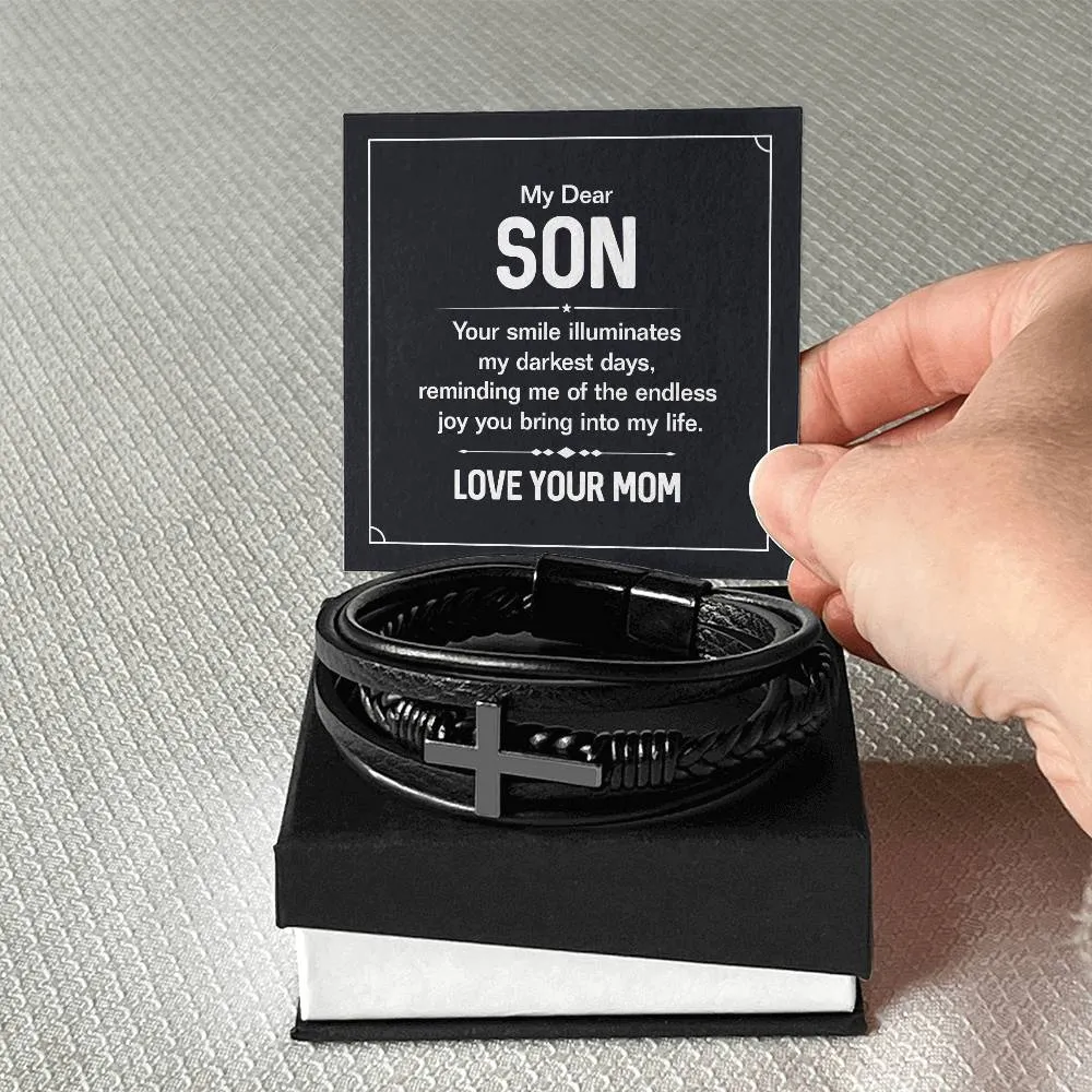 To My Son Cross Bracelet from Mom, Your Smile Illuminates My Darkest Days