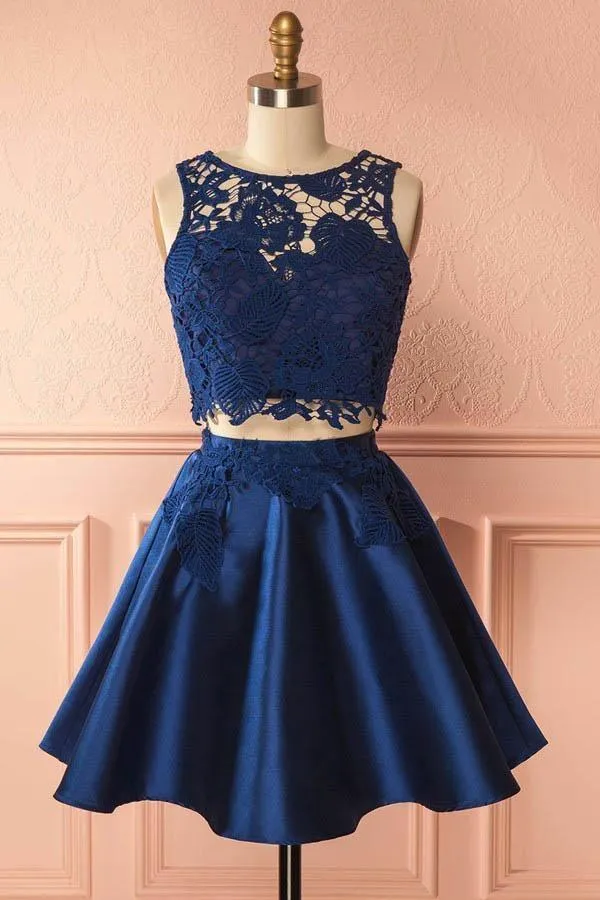 Two Piece Dark Blue Satin Cute Short A-Line Homecoming Dress with Lace Appliques